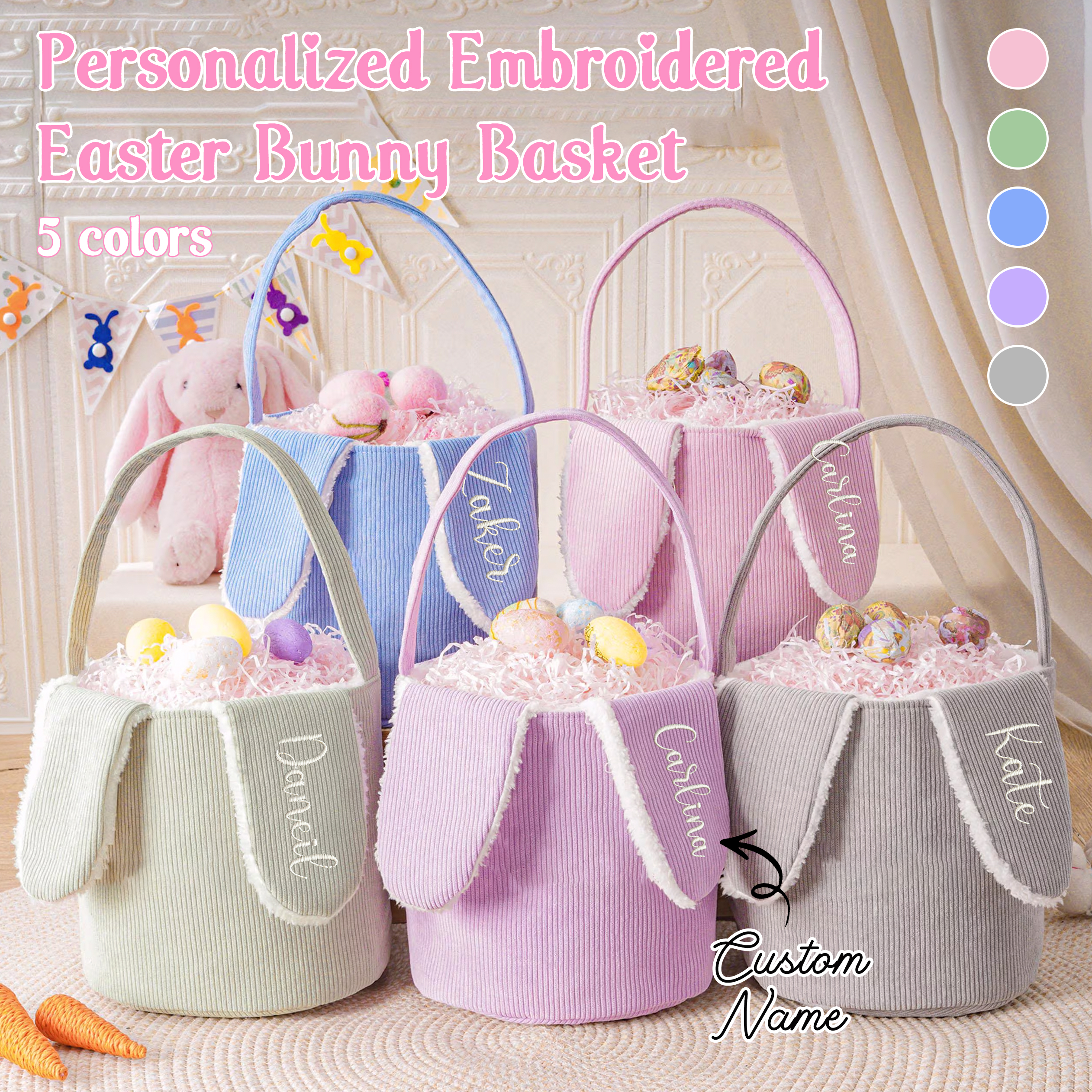 Kids Toys Names - 1pc Personalized Corduroy Easter Basket, Embroidered